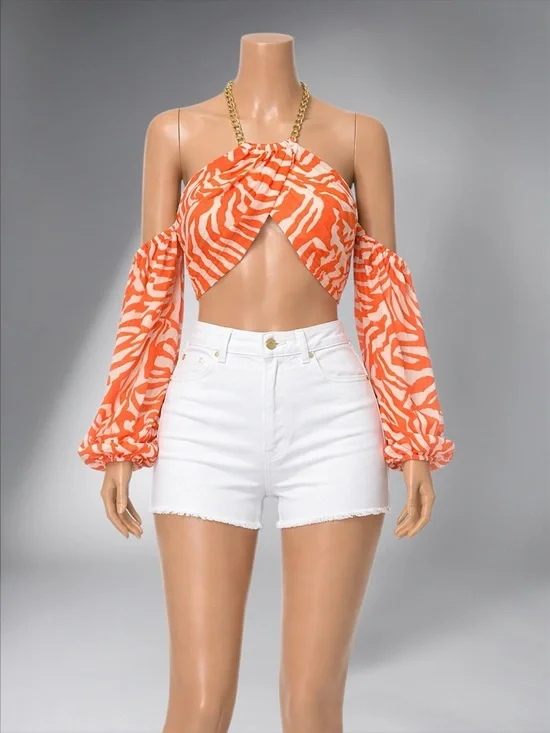 Orange Zebra Print Off-Shoulder Crop Top - Picture 8 of 13